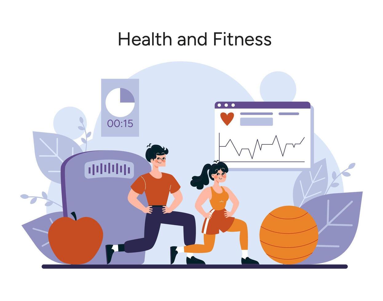 Active individuals participate in fitness routines, monitoring health metrics for a balanced lifestyle vector