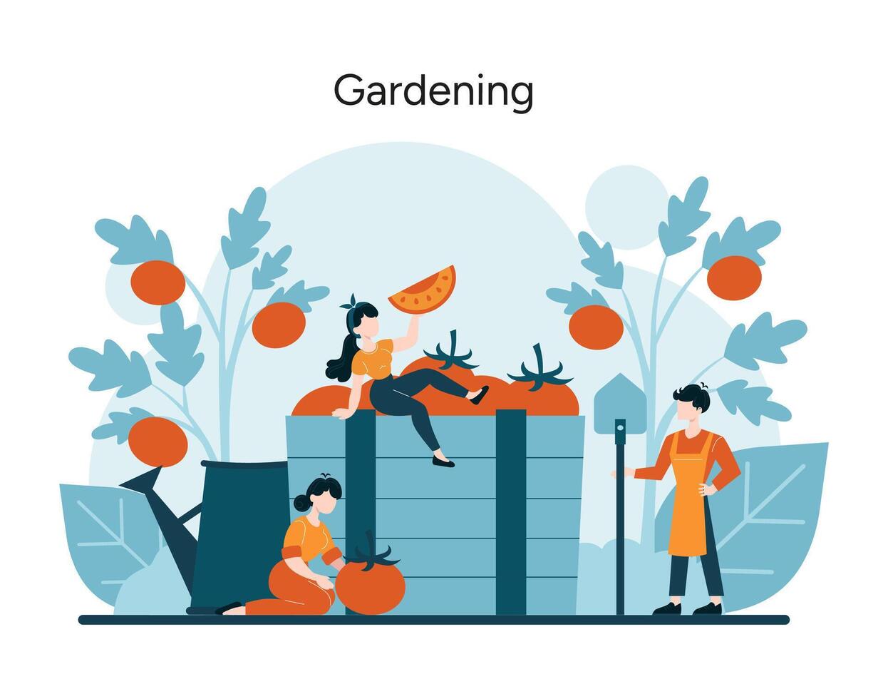 Joyful individuals tend to their garden, showcasing the serene pleasure of nurturing plants and the beauty of homegrown produce vector