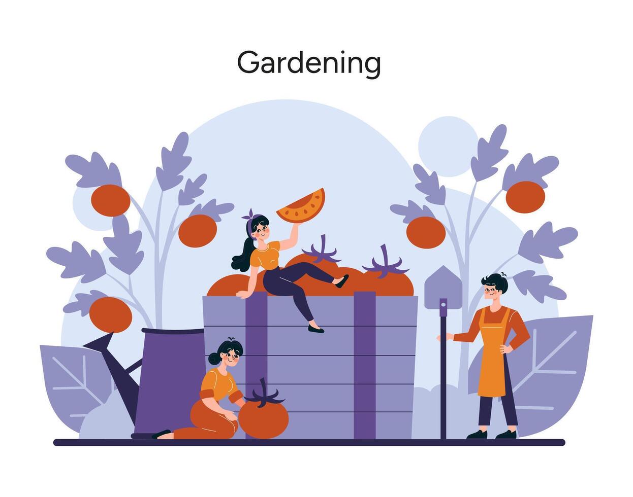 A vibrant scene unfolds as cheerful gardeners engage in the meticulous care of their lush vegetable garden vector