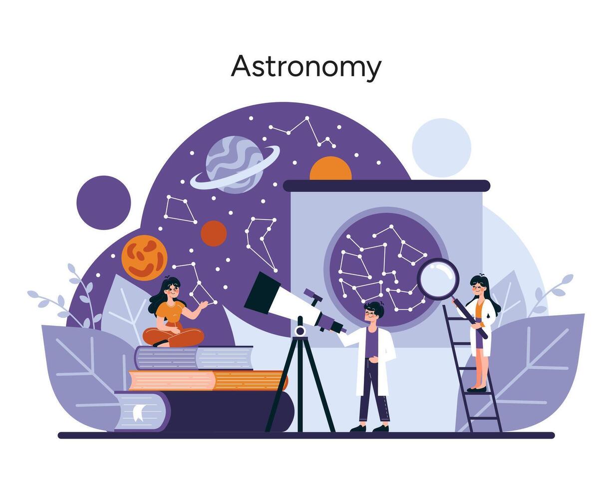 Characters engage with celestial exploration using a telescope and star charts vector