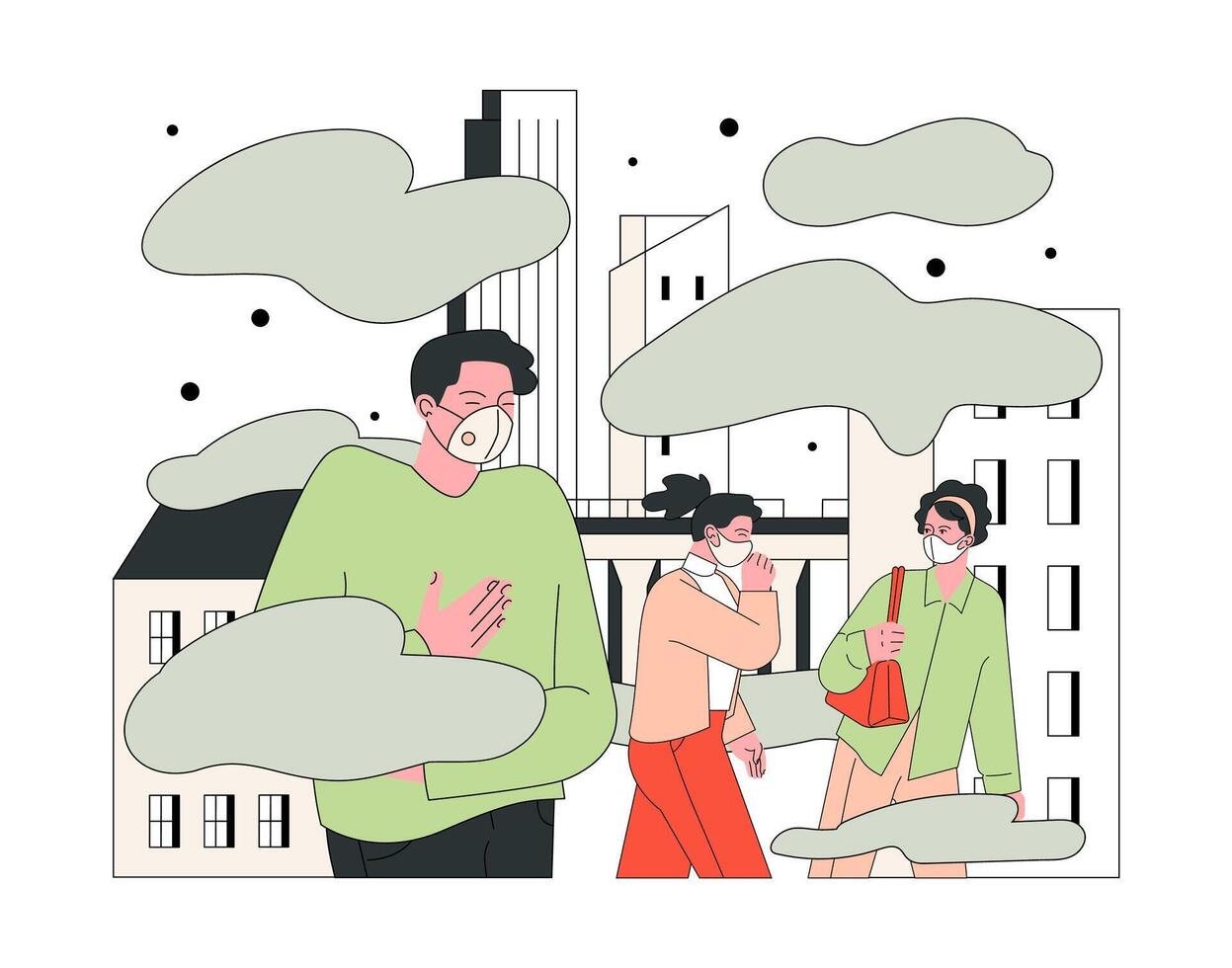 Air quality awareness. Urban smog. Citizens wearing masks in heavy smog vector