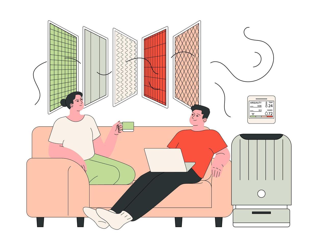 Indoor air quality. Couple enjoying clean air, relaxing at home with an air purifier vector