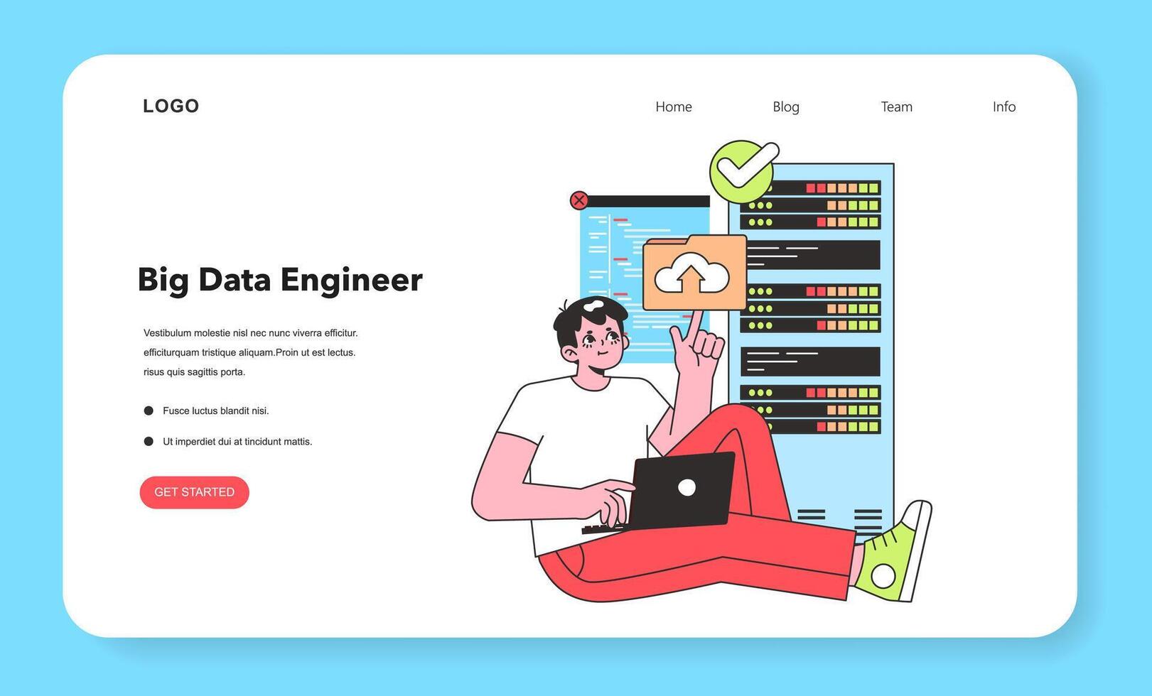 A Big Data Engineer is depicted in a relaxed pose, confidently managing vast datasets, symbolizing the crucial role of data analysis in the tech industry. vector