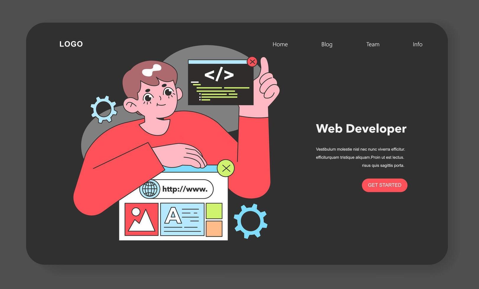 un web desarrollador expertamente artesanía código, el edificio bloquear de digital reinos, exhibiendo el creativo y técnico pericia en eso web desarrollo vector