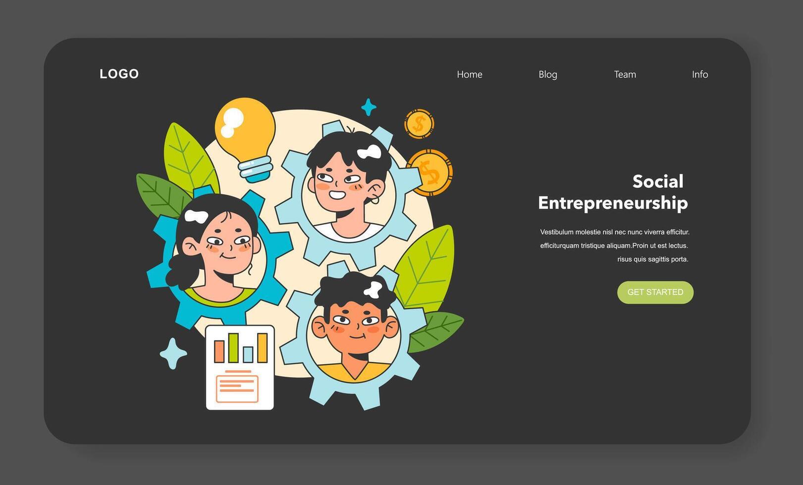 Social entrepreneurship night or dark mode web banner or landing vector
