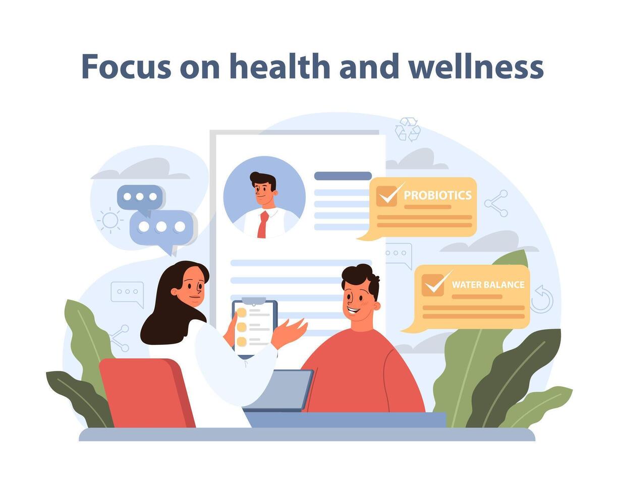 Health and Wellness Focus. A consultation on wellness, featuring probiotics. vector