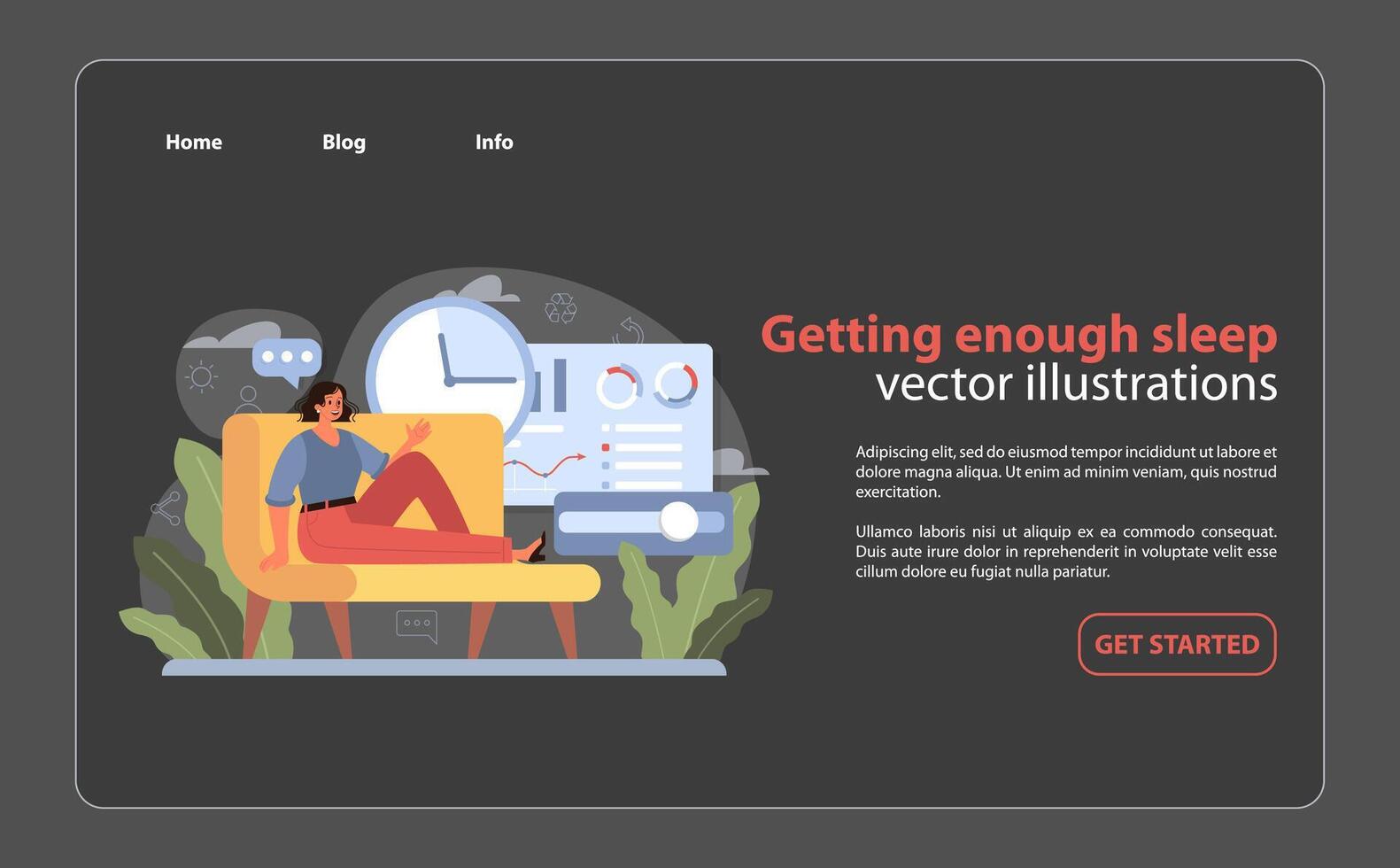 Getting Enough Sleep scene. A calm atmosphere with a woman relaxing on a couch. vector