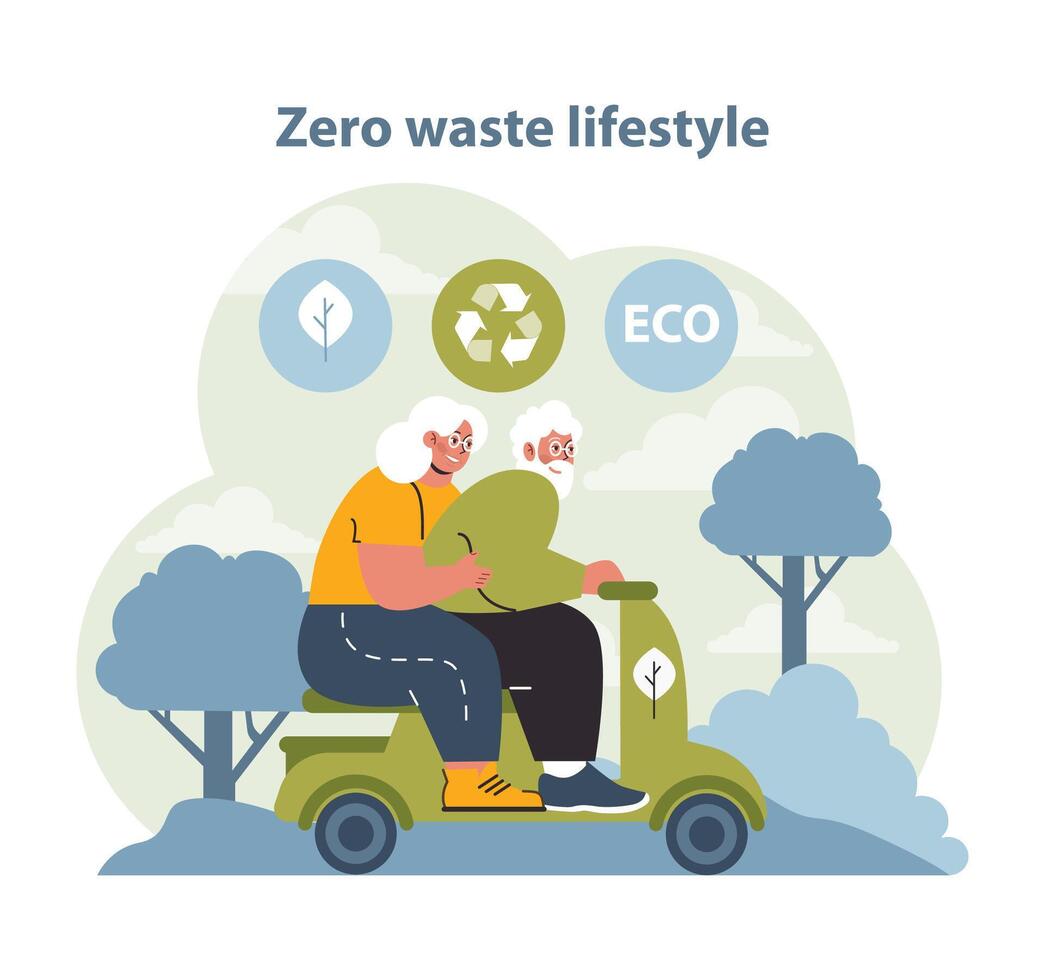 Zero Waste Lifestyle Vector Illustration. An illustration of senior individuals on a scooter.