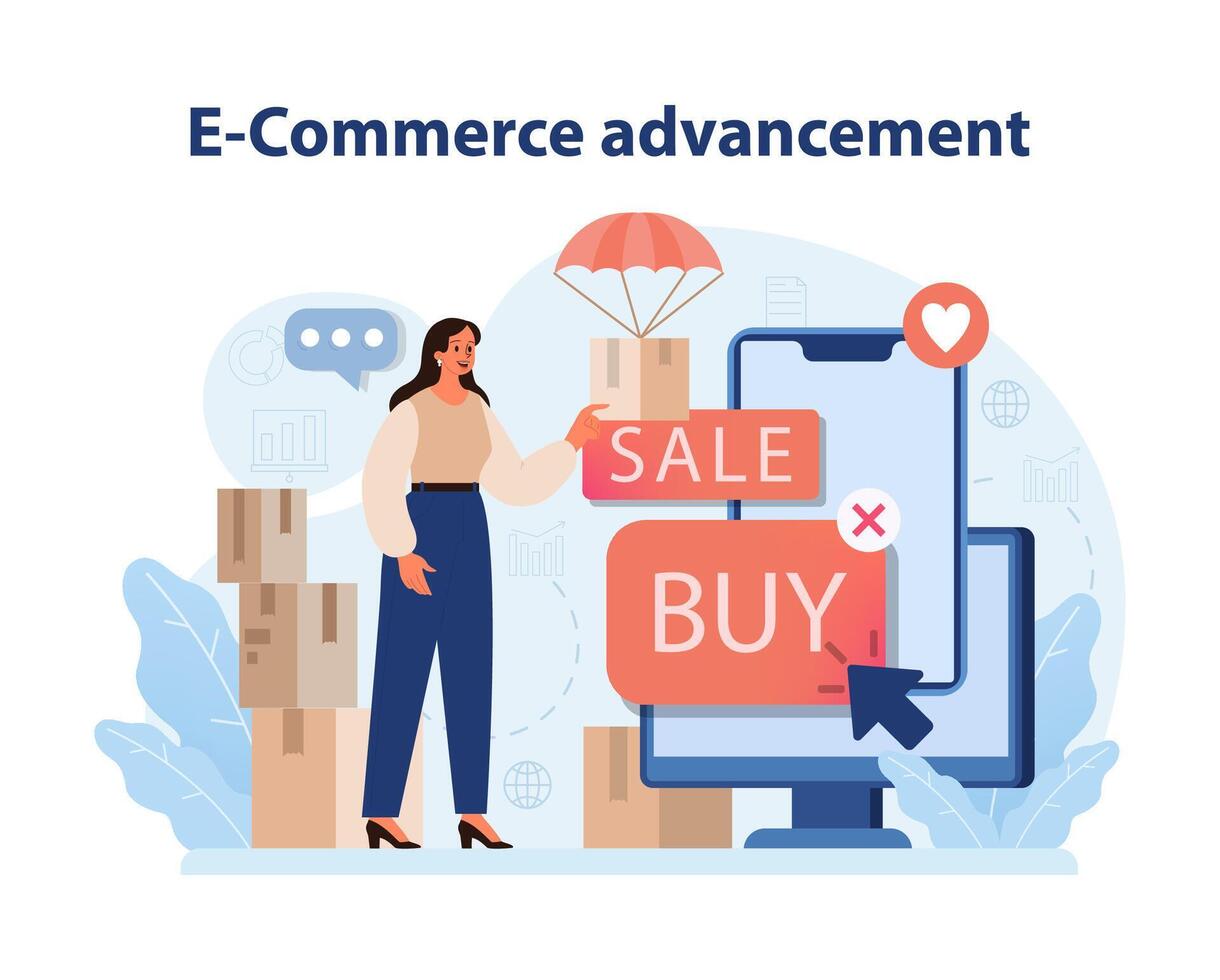 E-Commerce Advancement. A seamless online shopping experience illustrated through sale. vector