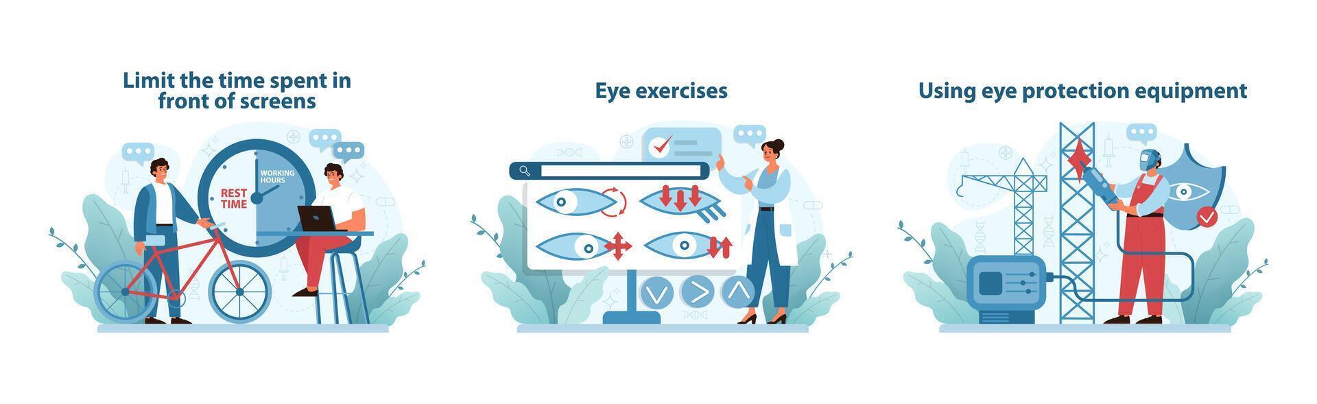 Digital Eye Strain Prevention Set. Illustrations encouraging screen time management. vector