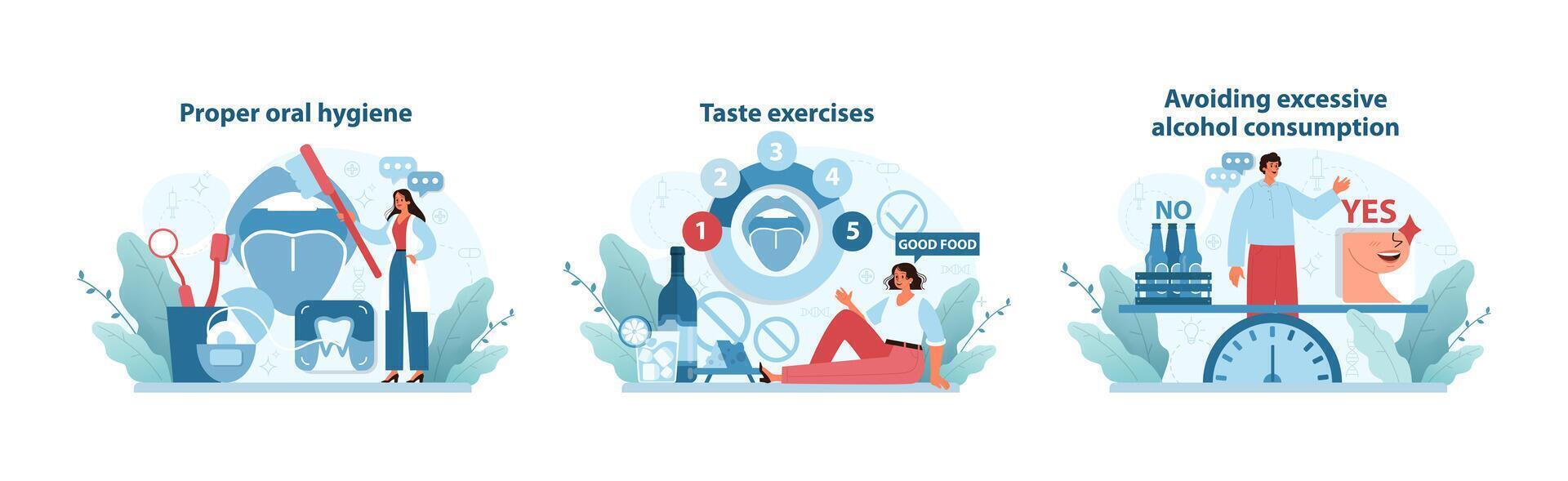 Taste Care Techniques set. Illustrations promoting dental hygiene, sensory training. vector