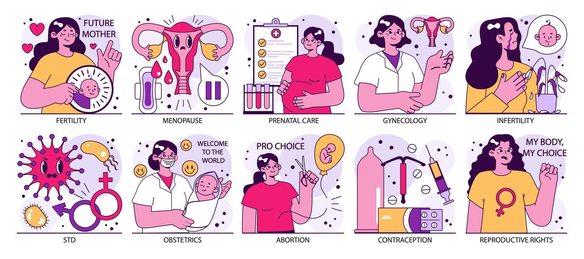 Reproductive health set. Pregnancy monitoring and gynecology disease vector