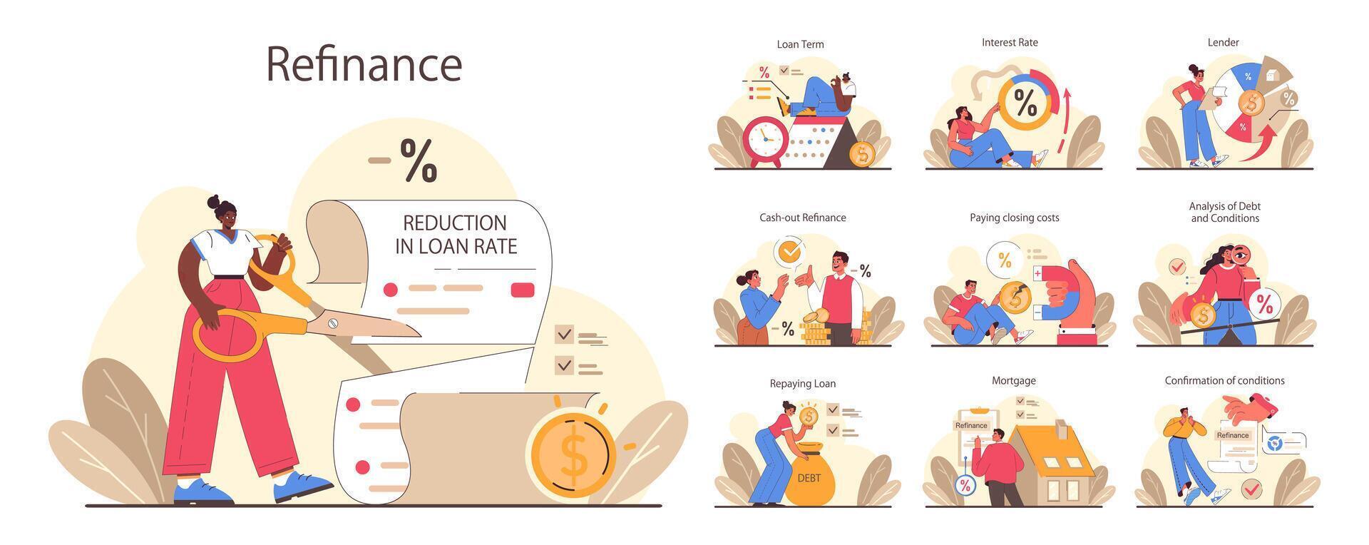 Refinance process set. Loan rate reduction to lender agreements. vector