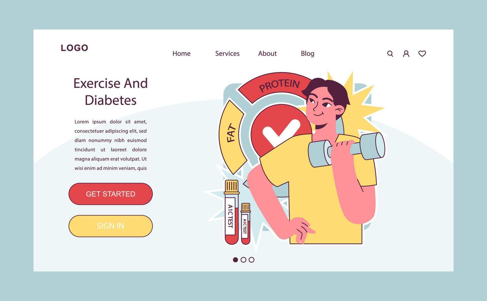Diabetes and exercise web banner or landing page. Glucose monitoring, vector