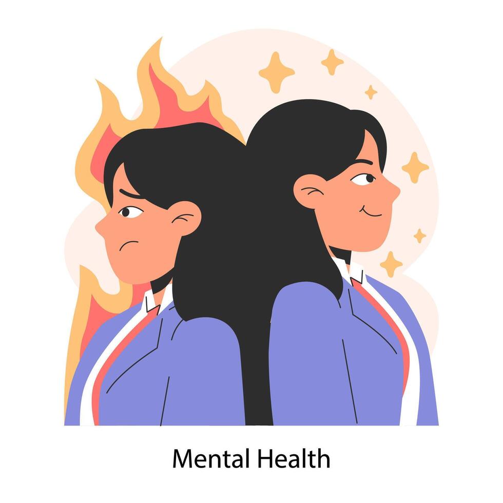 Professional burnout. Mental health. Young employee on fire at workplace. vector
