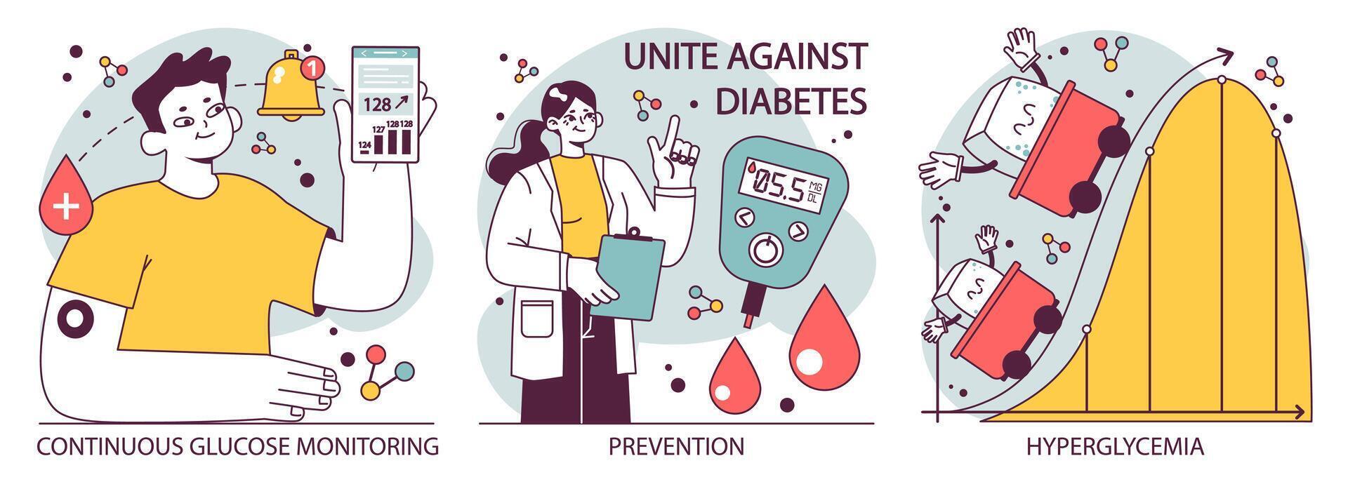Diabetes set. Measuring sugar blood with glucometer. Glucose monitoring vector