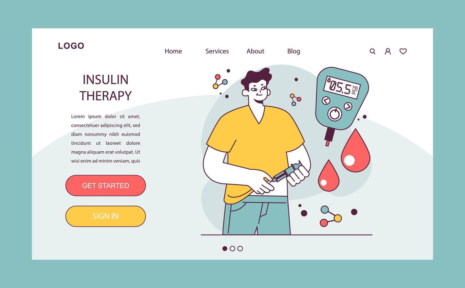 Diabetes web banner or landing page. Measuring sugar blood with glucose vector