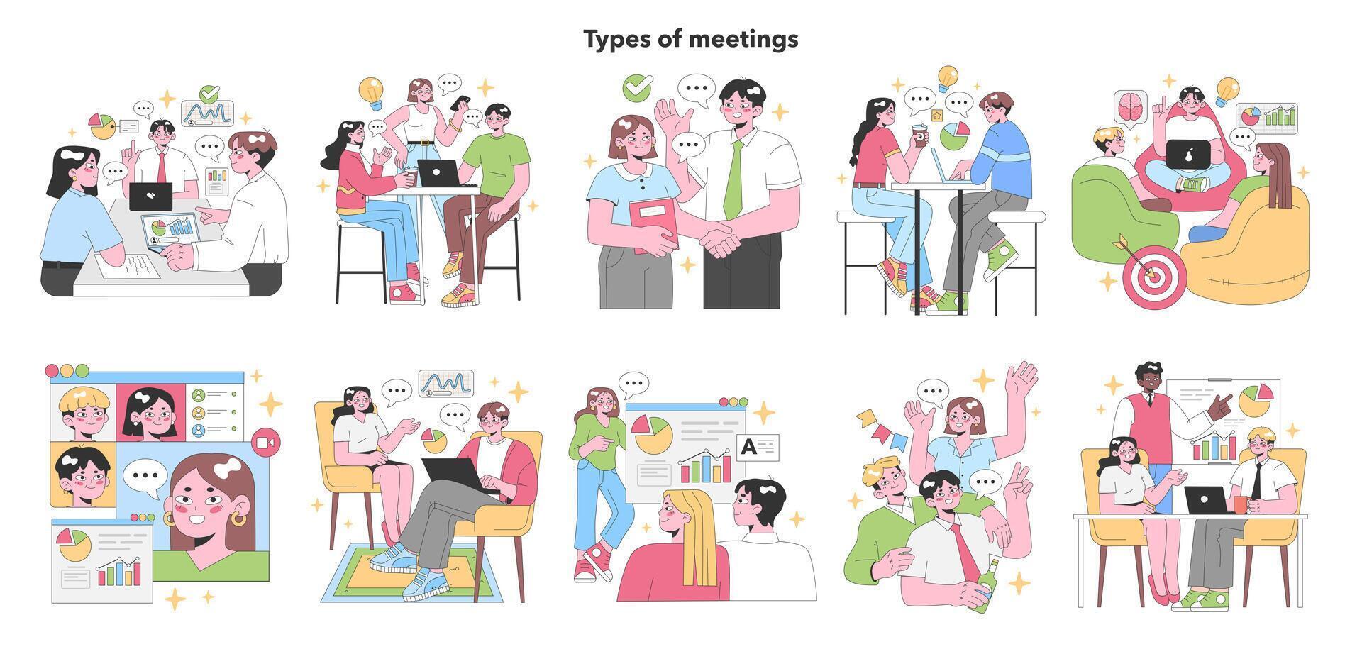 Types of Meetings set. Flat vector illustration.