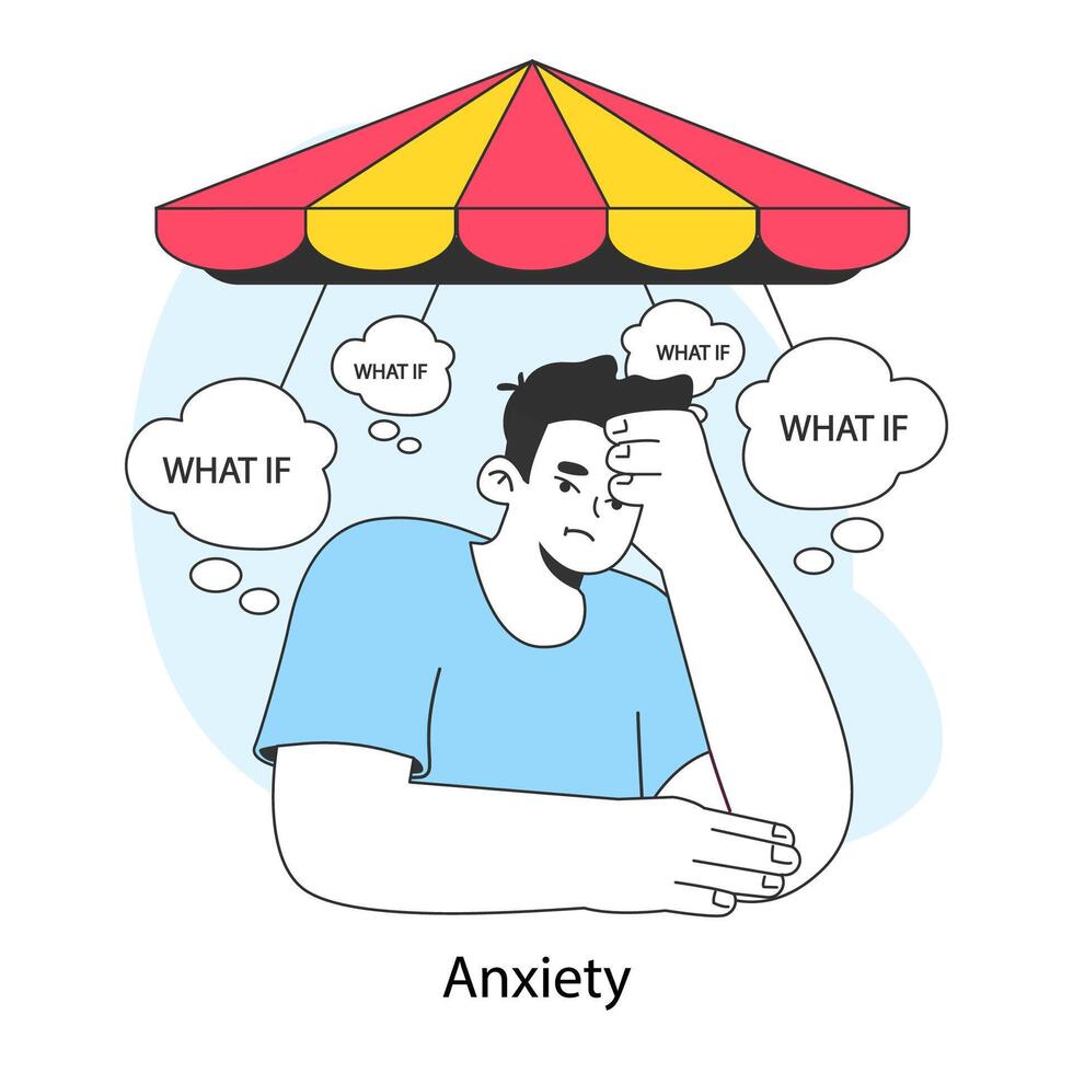 Neurosis. Chronic stress and anxiety mental disorder. Worried man feeling vector