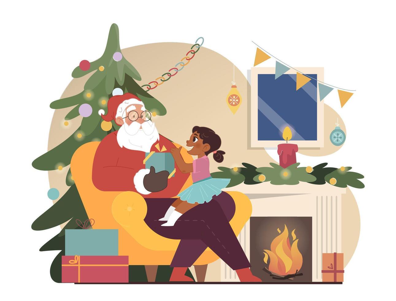 Christmas celebration. Santa Claus holding little black girl on his lap vector