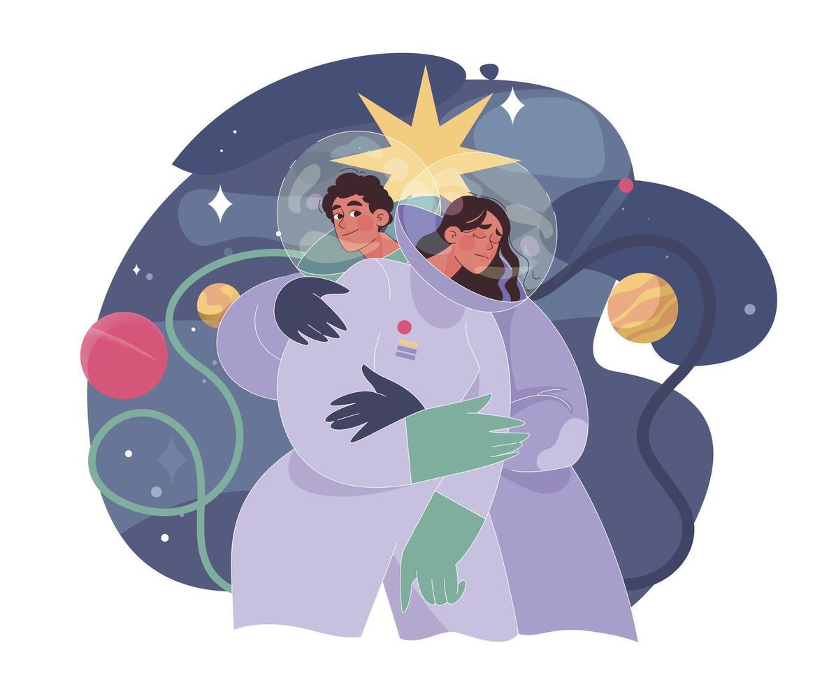 Empathy. People astronauts left alone in space. Character suffering vector