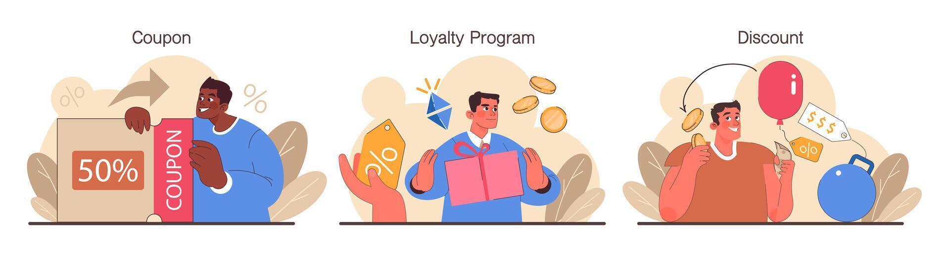 lealtad programa colocar. recompensas, ofertas, devolución de dinero y tarjeta puntos. comercial vector