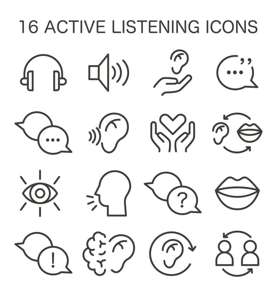 activo escuchando habilidad íconos colocar. símbolo de atención suave habilidad. conversación, vector