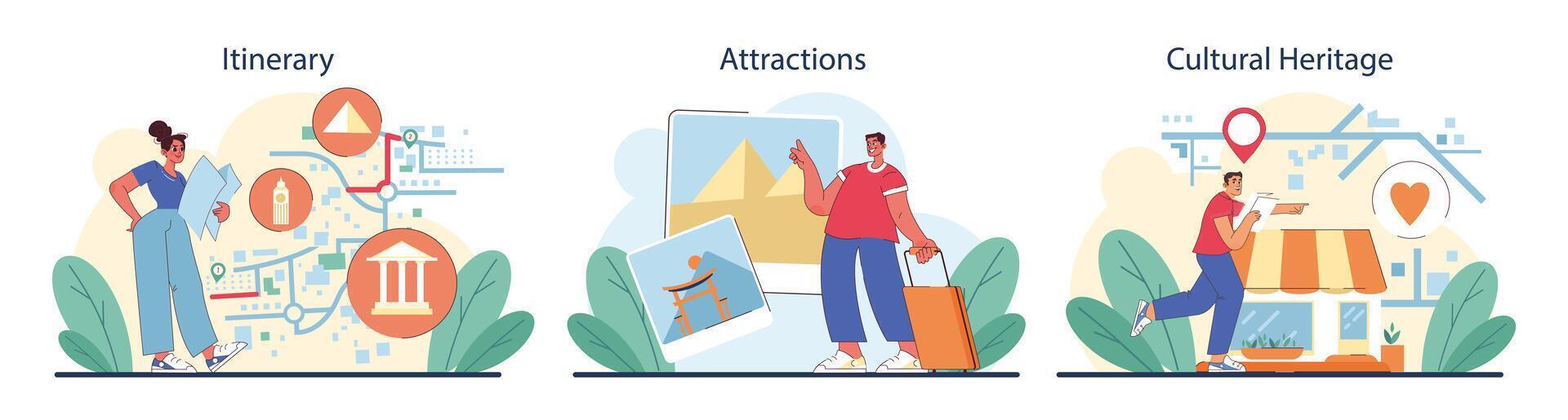 turismo colocar. personas de viaje el mundo viendo atracciones y cultural vector