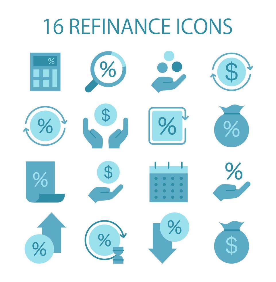 Refinance process icon set. Loan rate reduction to lender agreements vector