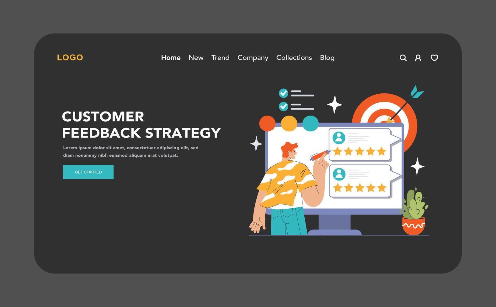 Customer feedback web banner or landing page dark or night mode vector
