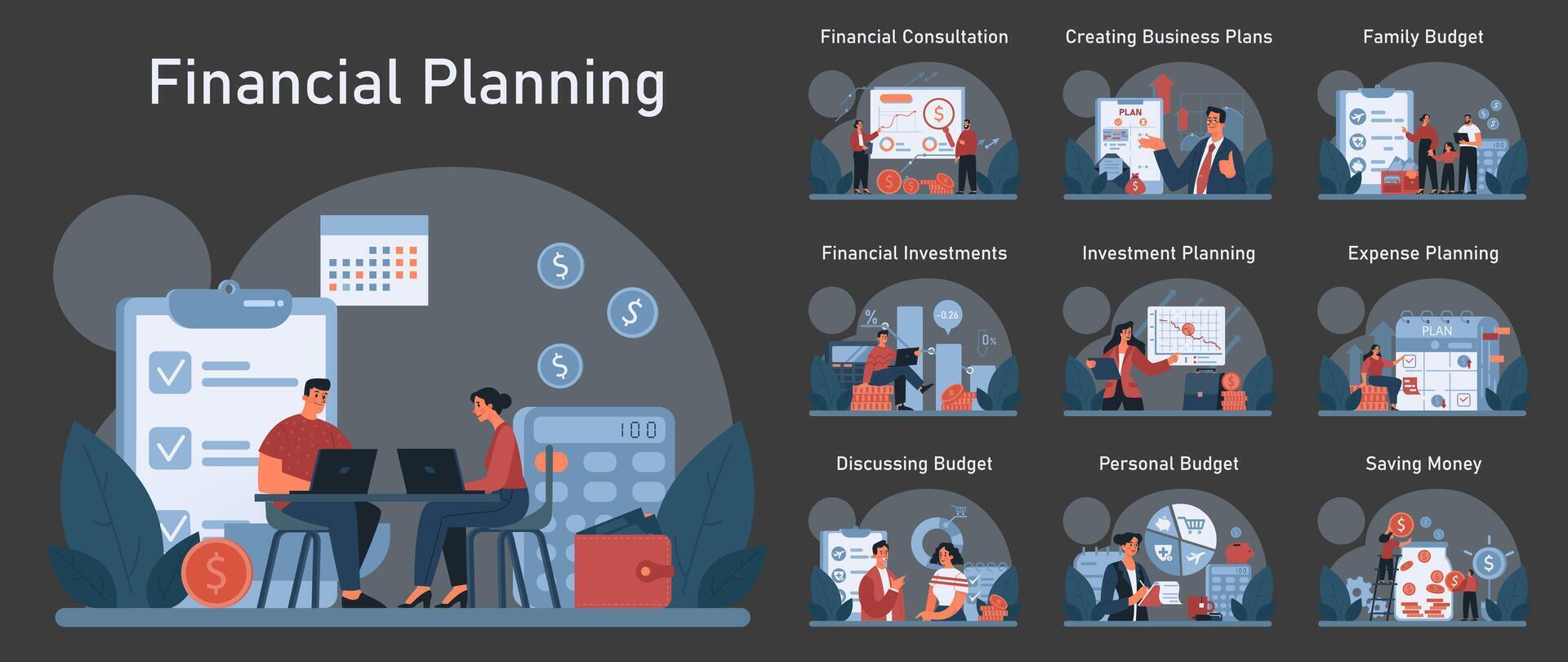 financiero planificación oscuro o noche modo colocar. personal y familia presupuesto vector