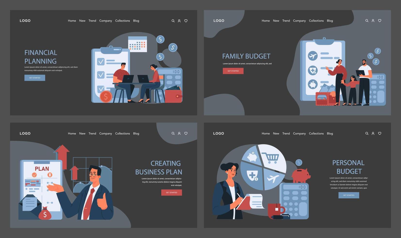 Financial planning web banner or landing page dark or night mode set. vector