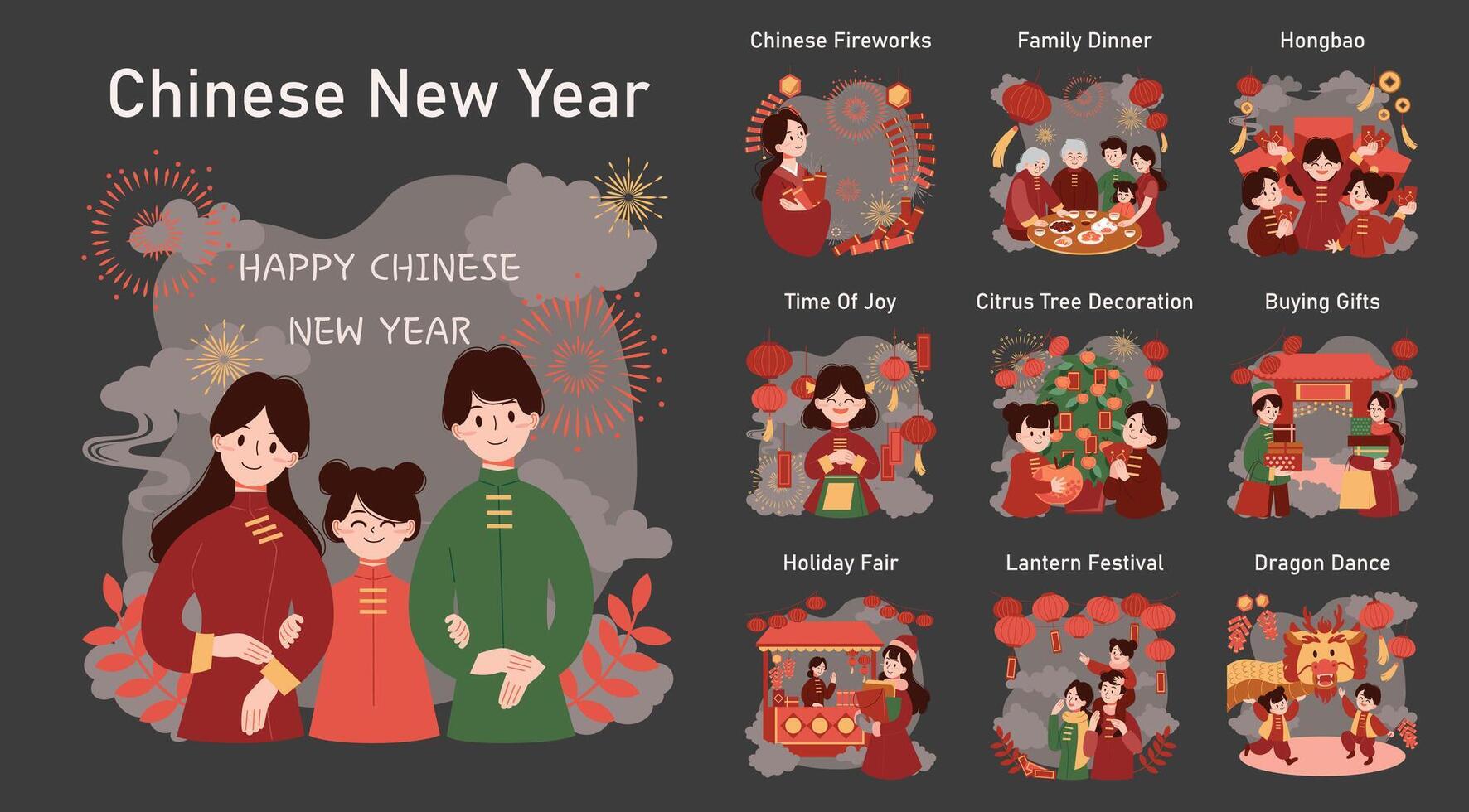 chino nuevo año tradicion oscuro o noche modo colocar. alegre asiático familia vector