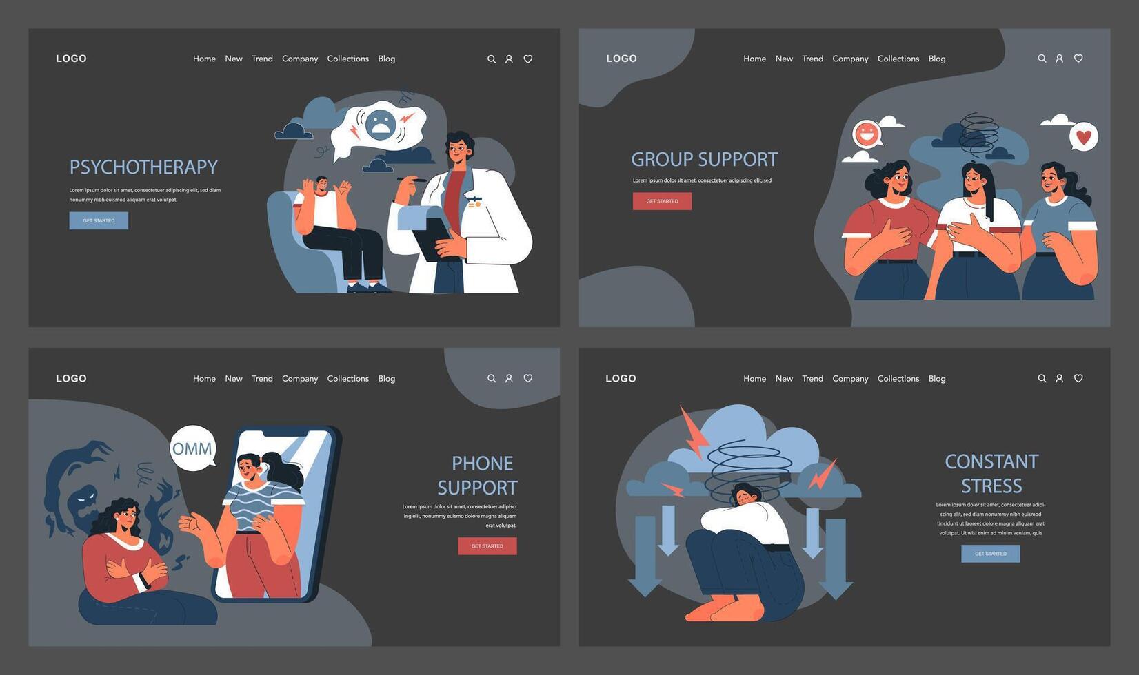 Panic attack web banner or landing page dark or night mode set. Mental health vector