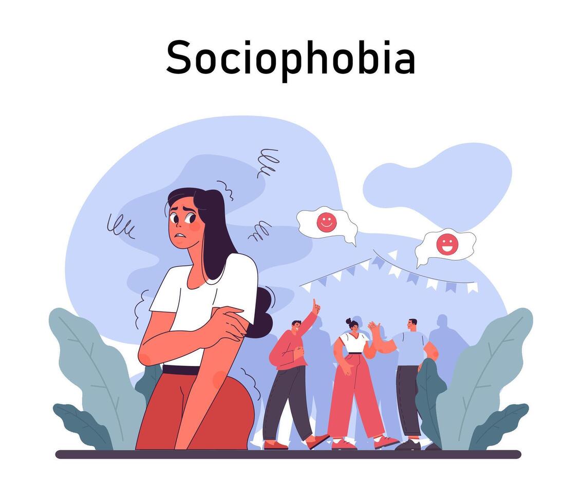 Sociophobia. Human's irrational inner fears and panic. Mental disorder vector