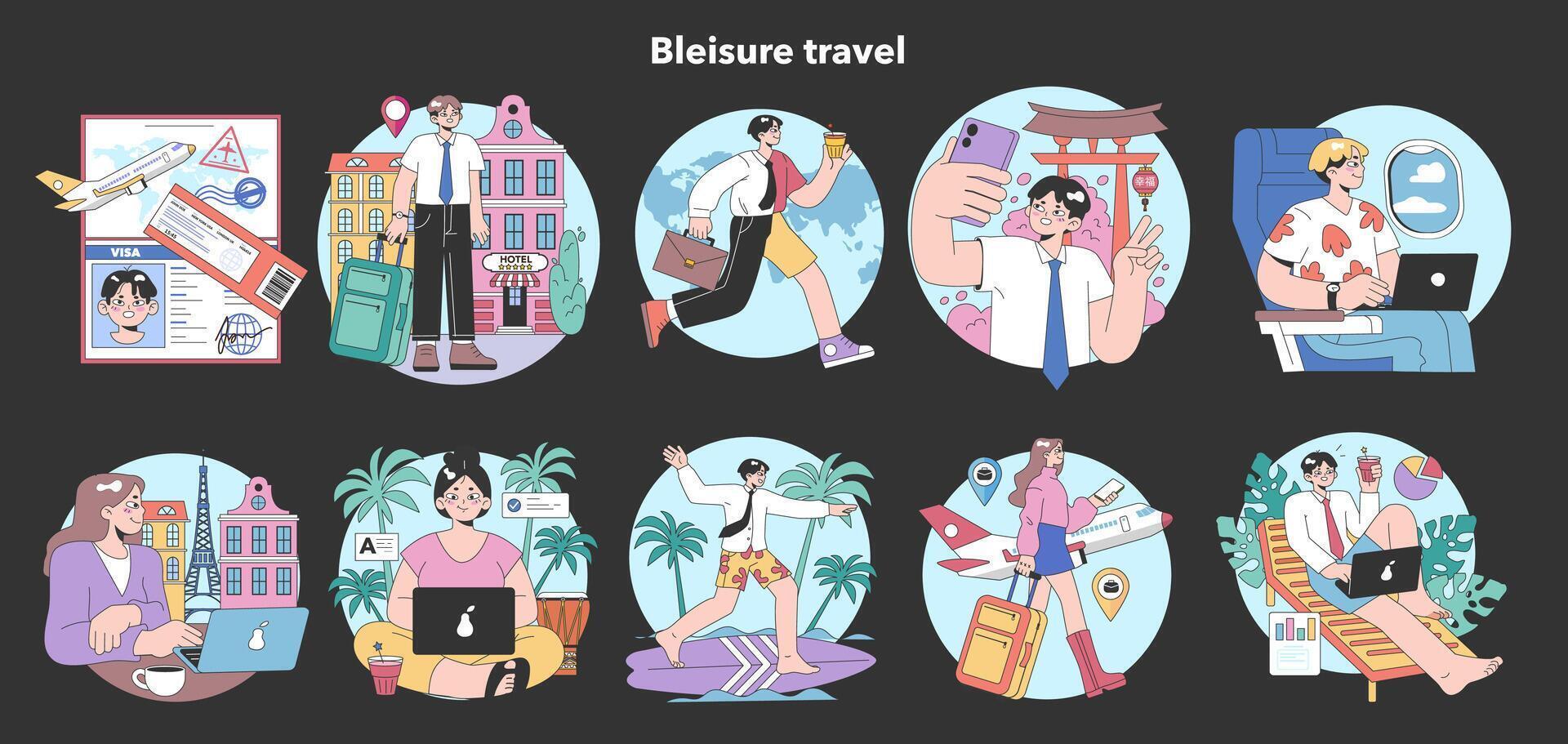 Bleisure travel night or dark mode set. Business and sightseeing trip vector