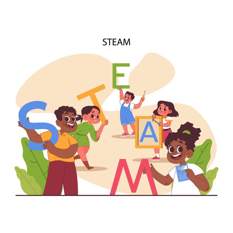 STEAM education. Schoolers gaining knowledge about technologies, vector