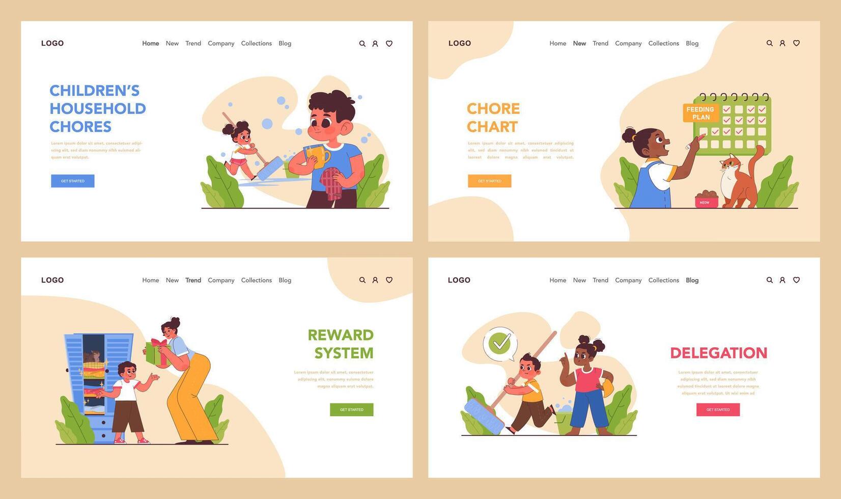 Child doing household chores web banner or landing page set. Formation vector