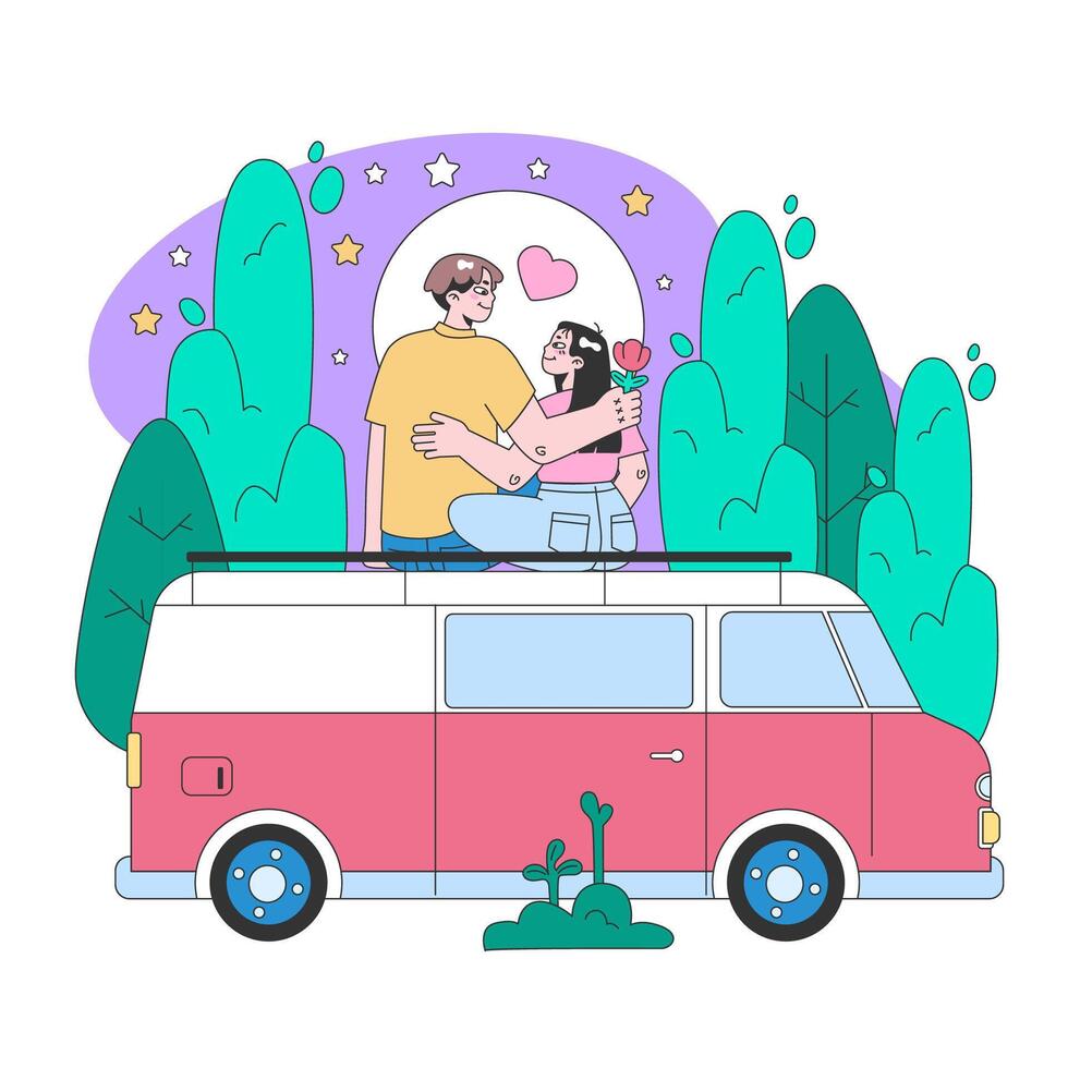 la carretera viaje. joven personas o familia yendo en vacaciones por un coche. vector