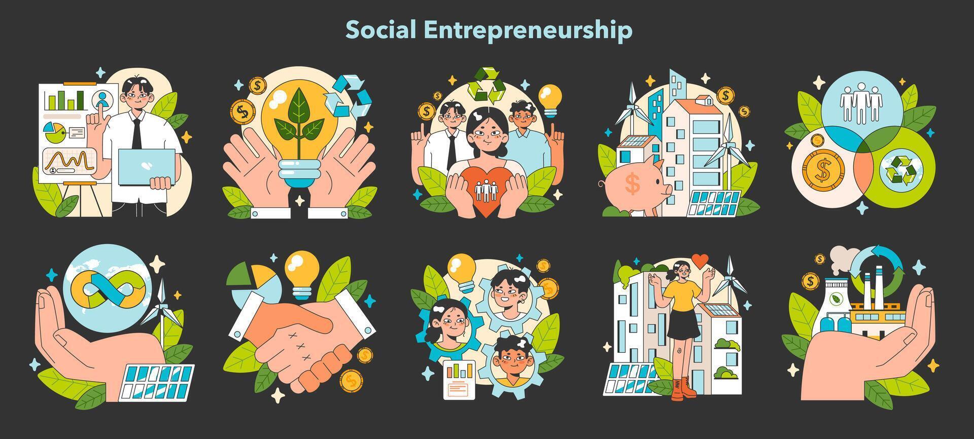 Social entrepreneurship night or dark mode set. Business responsibility vector
