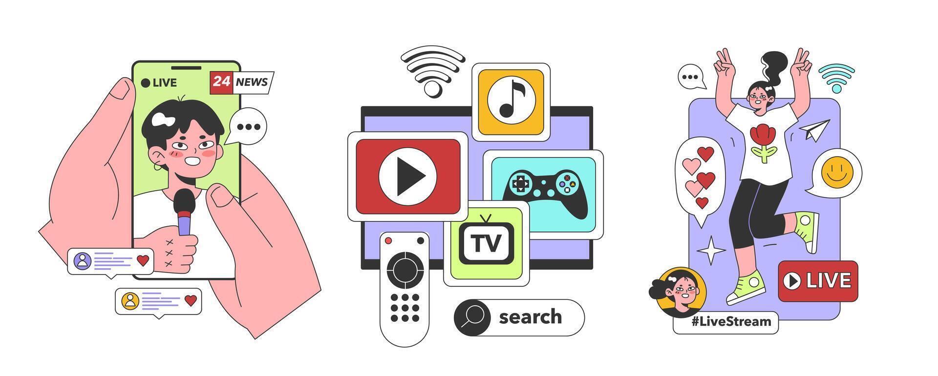 Streaming media service set. Online platforms subscription. vector