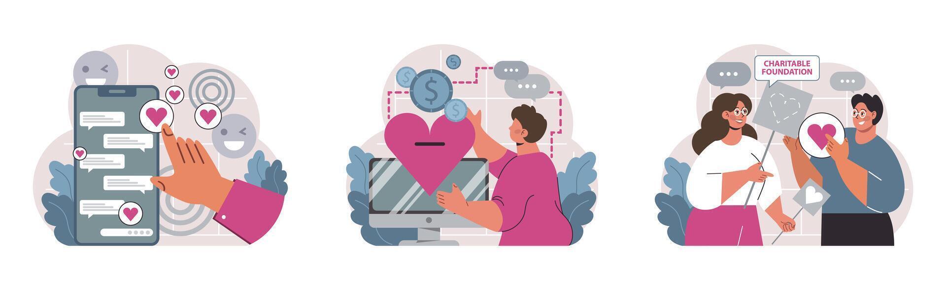 Charity and charitable foundation set. Help for people in need. Humanitarian vector