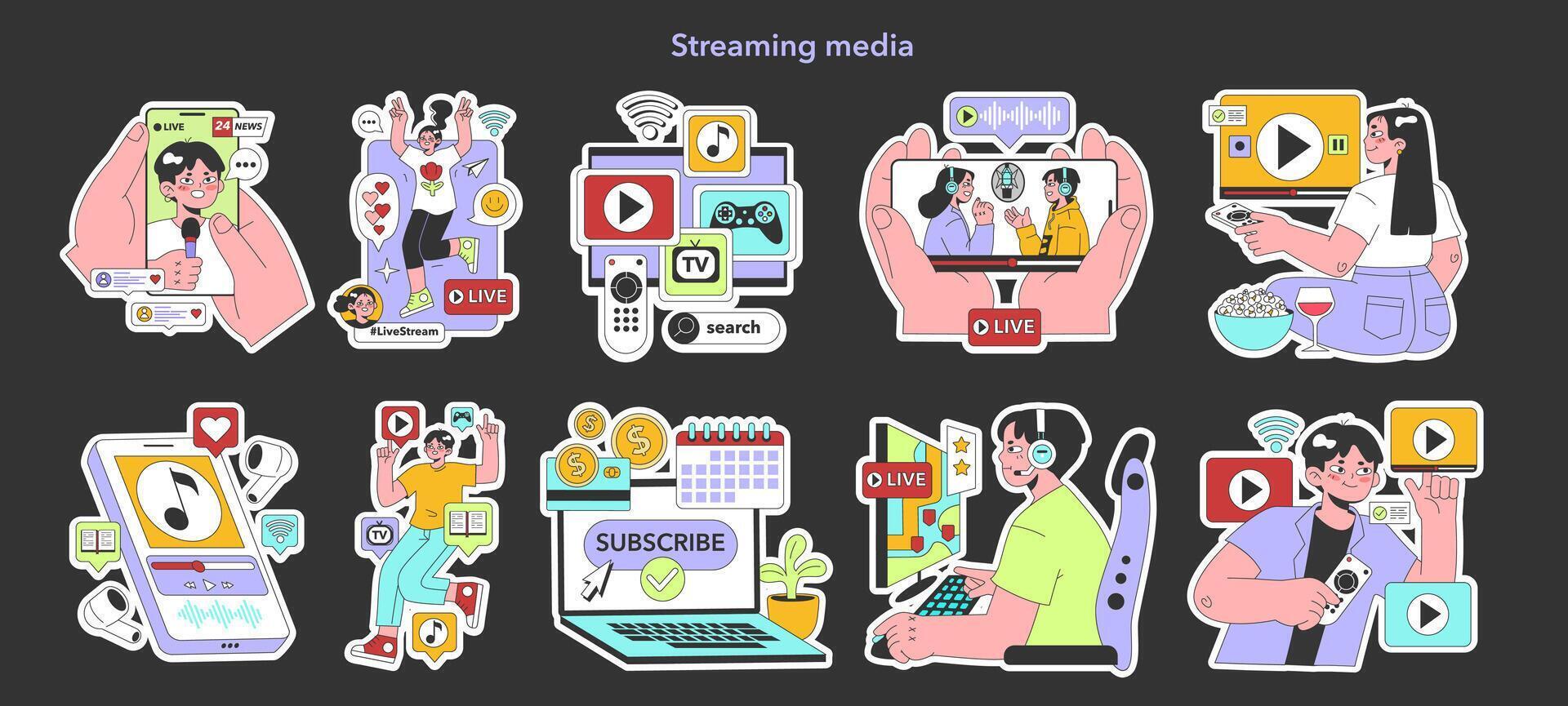 Streaming media service night or dark mode set. Online platforms vector