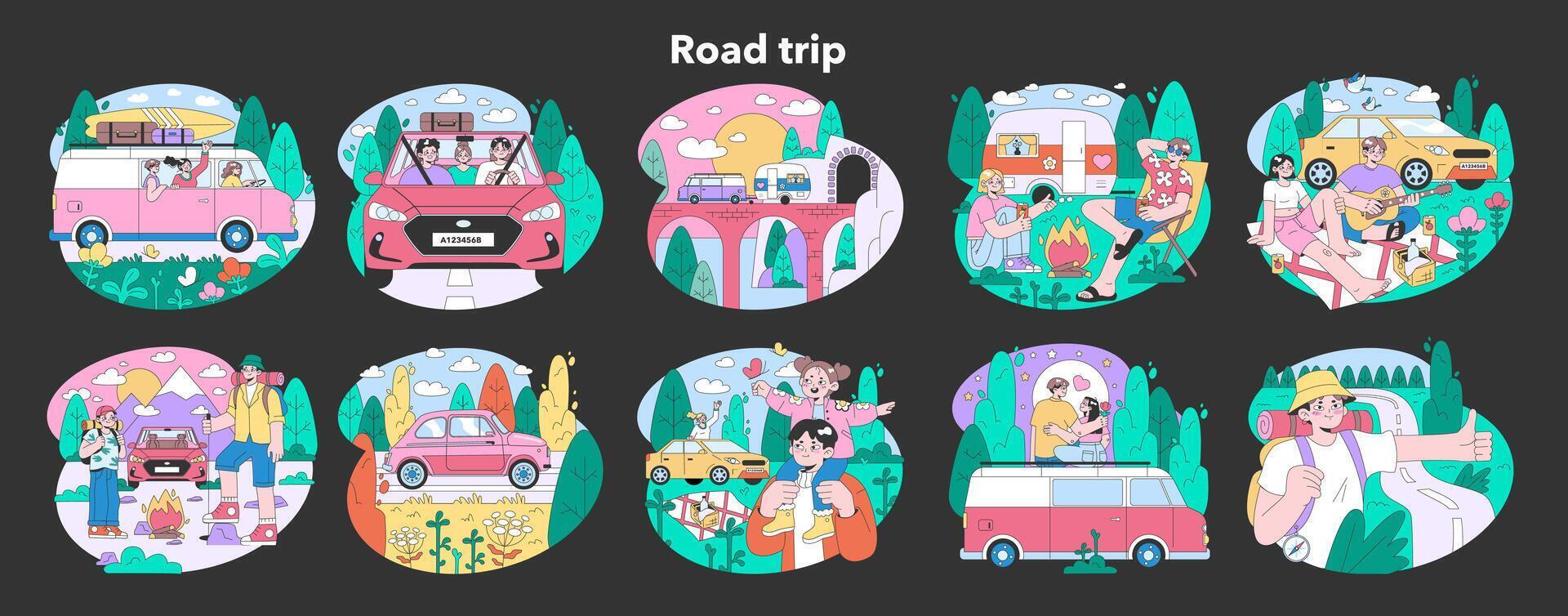 Road trip night or dark mode set. Young people or family going on vacation vector