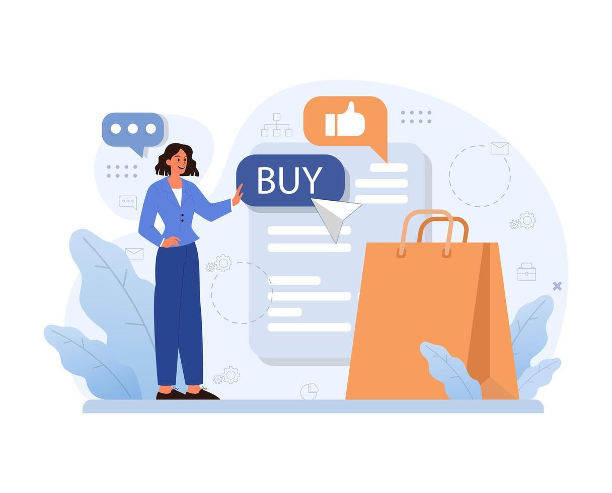 E-commerce. Female character shopping online. Woman purchasing vector