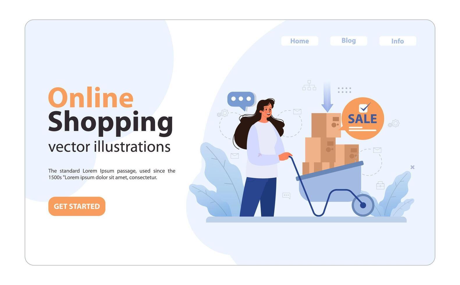 E-commerce web banner or landing page. Female character shopping vector