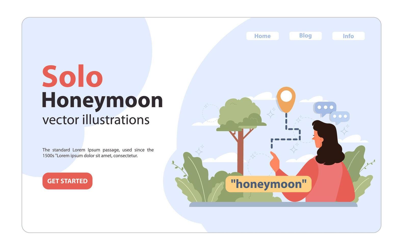 Solo travel, honeymoon web banner or landing page. Female character vector