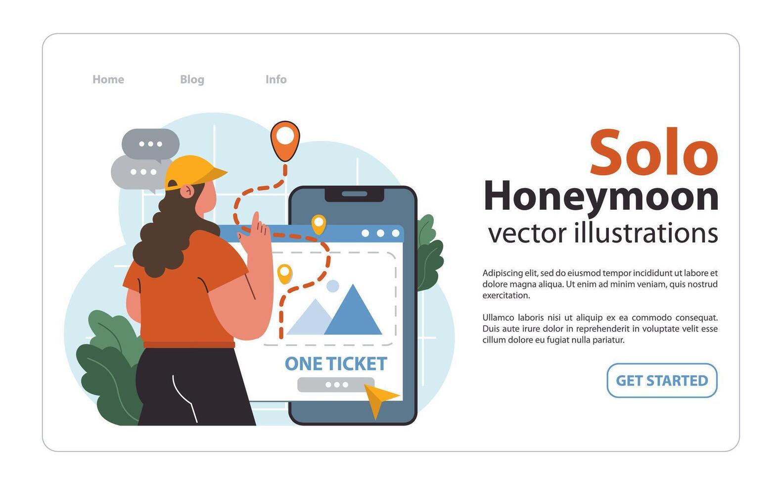 Solo travel or honeymoon planning web banner or landing page. vector