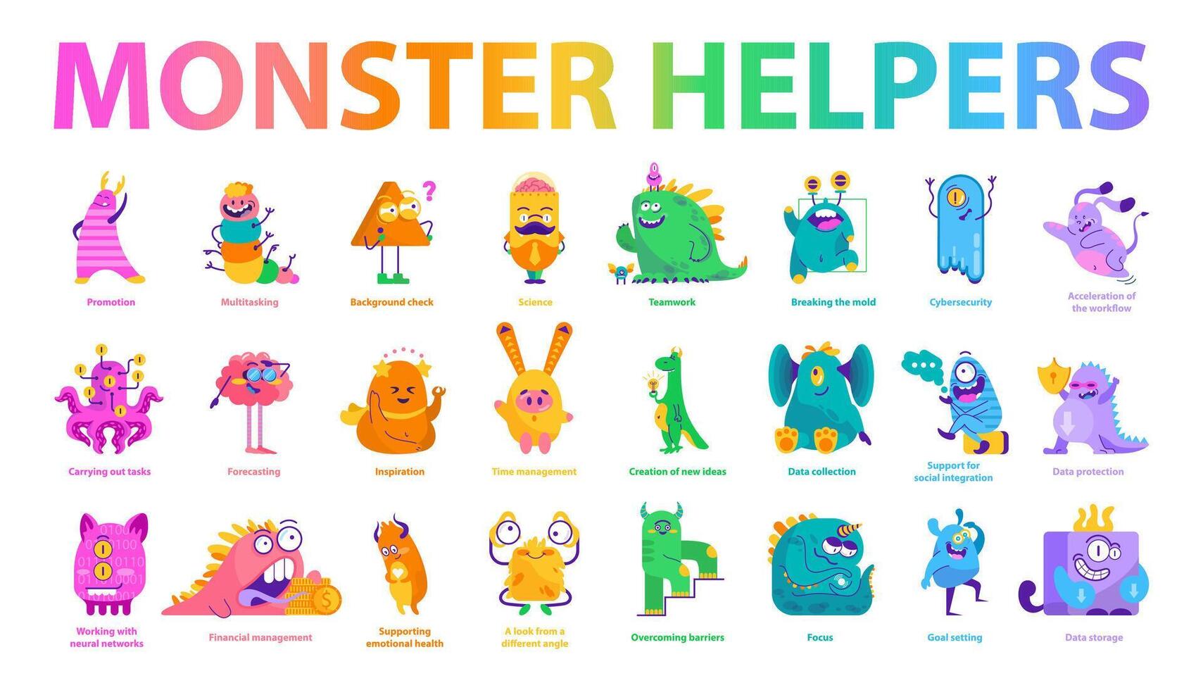 Monster Helpers set. Vector illustration