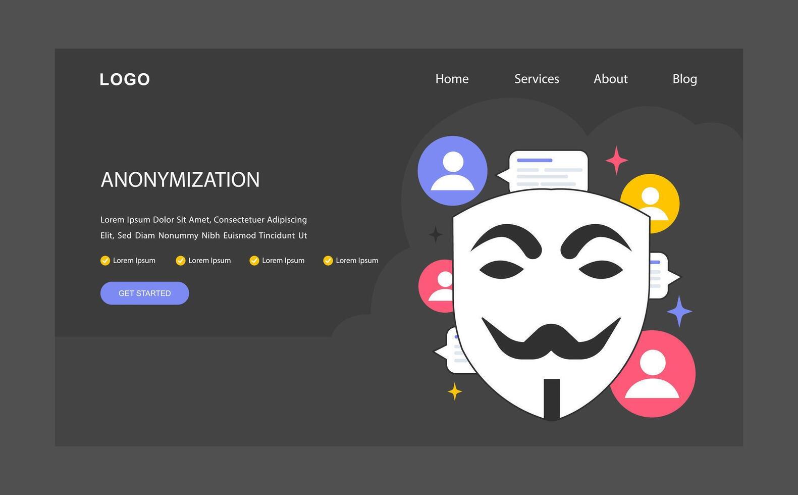 Anonymization web banner or landing page dark or night mode. vector